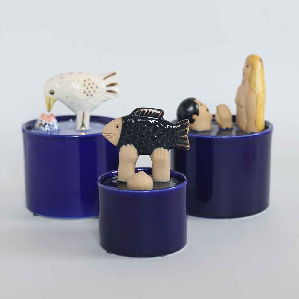 リサラーソン 置物  Jar with Lid-man&fish/キャニスター/アート/陶器